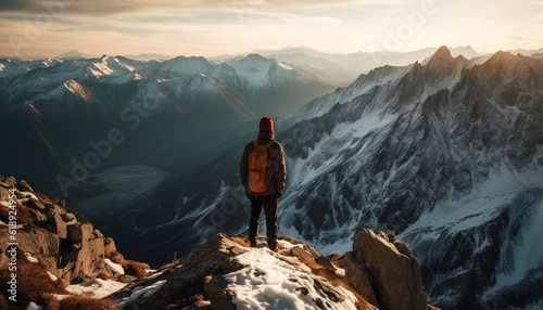 Standing on mountain peak, backpacker enjoys solitude generated by AI © Jeronimo Ramos
