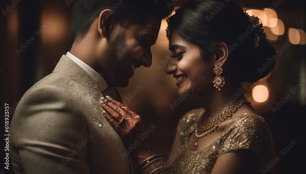 Newlywed couple embraces in elegant wedding celebration generated by AI