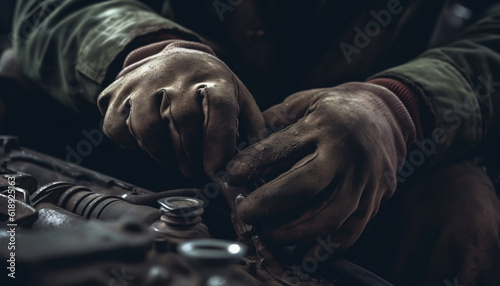 Dirty mechanic hand holds steel wrench tightly generated by AI