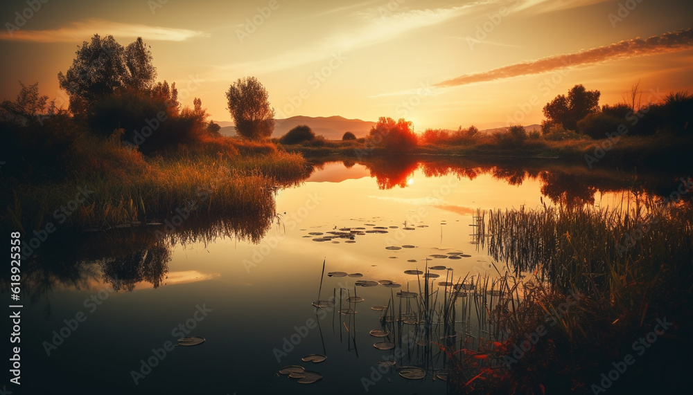 Vibrant sunset reflects on tranquil pond water generated by AI