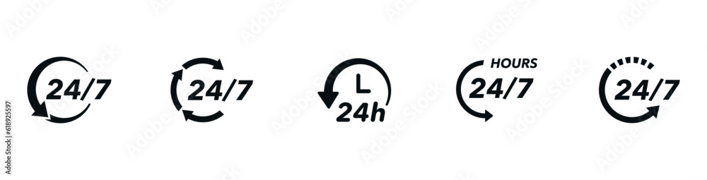 24 7 icon set. The 24 hour service is open 24 hours a day, 7 days a week. Simple illustration set of 24-7 elements, can be used in logo, ui and web design. 24-7 service concept. Vector illustration. 24 7 icon set. The 24 hour service is open 24 hours a day, 7 days a week. Simple illustration set of 24-7 elements, can be used in logo, ui and web design. 24-7 service concept. Vector illustration.