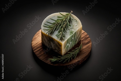 a piece of soap with a sprig of rosemary on top of it on a wooden plate on a black surface with a black background and white border around the edge of the soap.