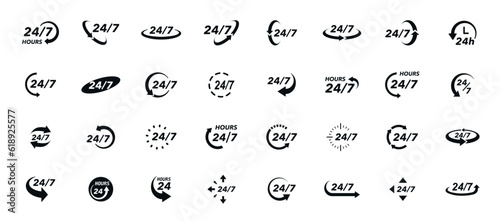 24 7 icon set. The 24 hour service is open 24 hours a day, 7 days a week. Simple illustration set of 24-7 elements, can be used in logo, ui and web design. 24-7 service concept. Vector illustration.