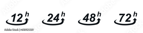 12, 24, 48 and 72 hour mark icon. Work time effect or delivery service time, and service time. 12, 24, 48 and 72 hours clock arrow. Vector illustration.