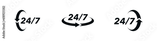 24 7 icon set. The 24 hour service is open 24 hours a day, 7 days a week. Simple illustration set of 24-7 elements, can be used in logo, ui and web design. 24-7 service concept. Vector illustration.