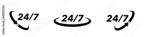 24 7 icon set. The 24 hour service is open 24 hours a day, 7 days a week. Simple illustration set of 24-7 elements, can be used in logo, ui and web design. 24-7 service concept. Vector illustration.