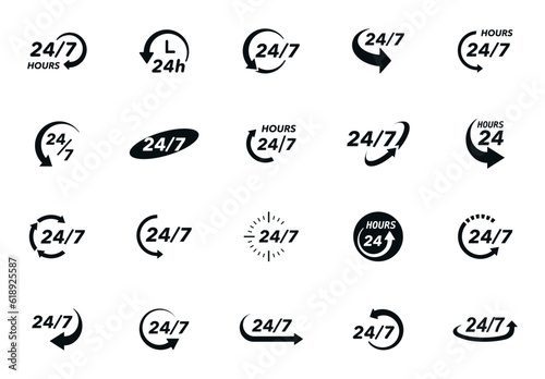 24 7 icon set. The 24 hour service is open 24 hours a day, 7 days a week. Simple illustration set of 24-7 elements, can be used in logo, ui and web design. 24-7 service concept. Vector illustration.