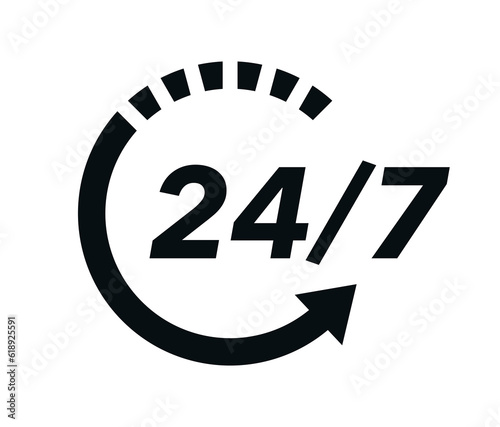 24 7 icon. The 24 hour service is open 24 hours a day, 7 days a week. Simple illustration of 24-7 elements, can be used in logo, ui and web design. 24-7 service concept. Vector illustration.