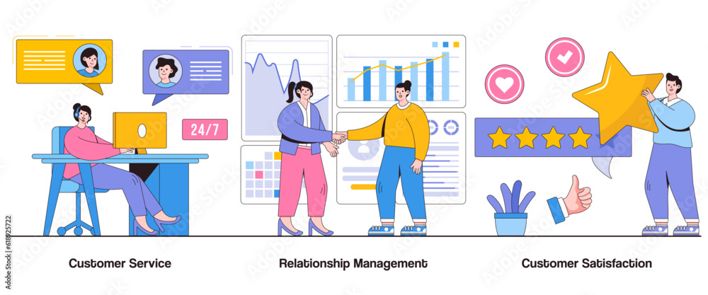 Customer Service, Relationship Management, Customer Satisfaction Concept with Character. Customer Support Abstract Vector Illustration Set. Customer Retention, Service Excellence, Customer Loyalty
