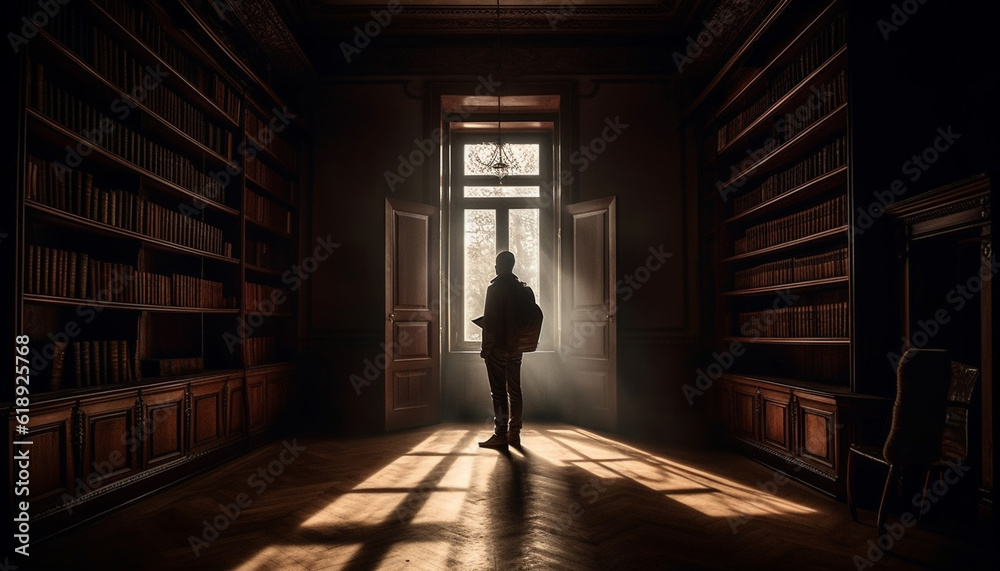 Silhouette of young businessman walking in library generated by AI Silhouette of young businessman walking in library generated by AI