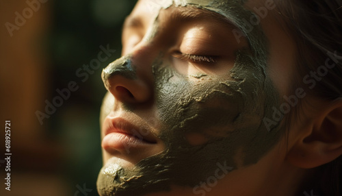 Smiling young adult enjoys luxury mud therapy generated by AI photo