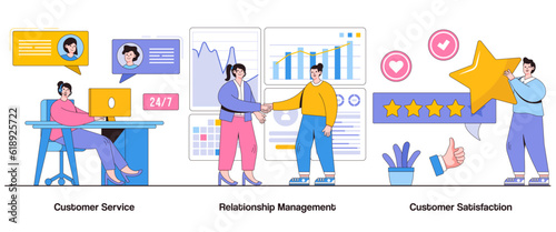 Customer Service, Relationship Management, Customer Satisfaction Concept with Character. Customer Support Abstract Vector Illustration Set. Customer Retention, Service Excellence, Customer Loyalty