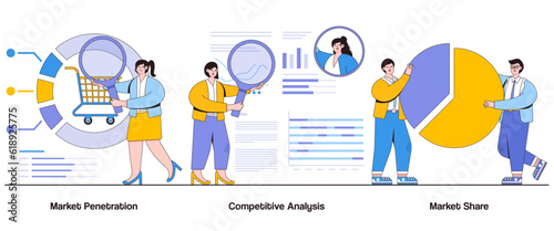 Market Penetration, Competitive Analysis, Market Share Concept with Character. Market Dominance Abstract Vector Illustration Set. Market Expansion, Market Leadership, Market Saturation Metaphor