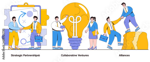 Strategic Partnerships, Collaborative Ventures, Alliances Concept with Character. Partnership Synergy Abstract Vector Illustration Set. Joint Ventures, Shared Goals, Mutual Growth Metaphor
