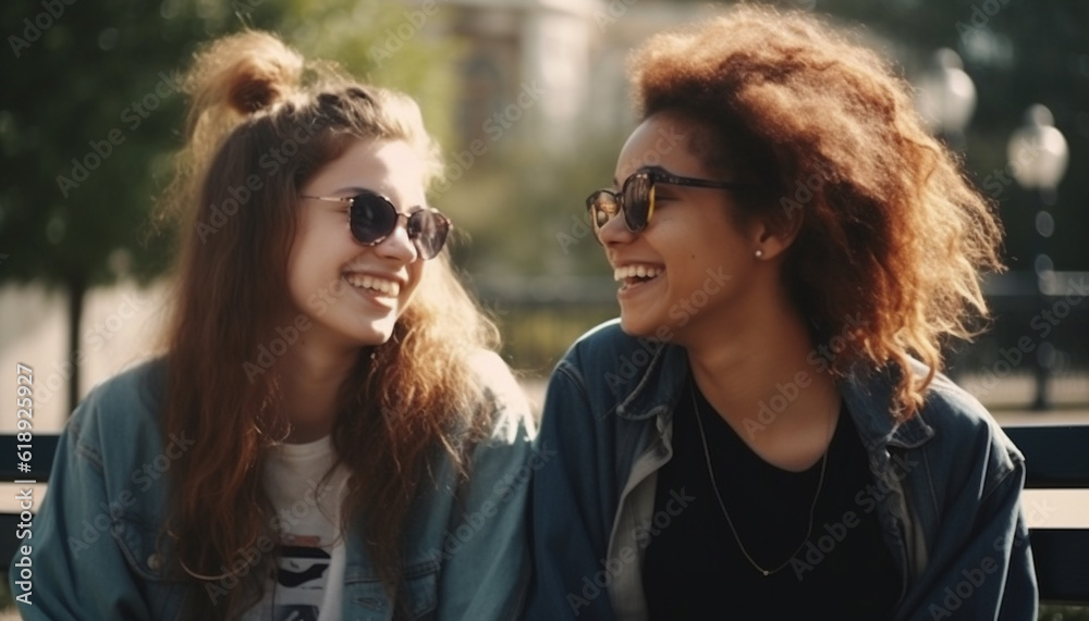Two young women smiling, enjoying summer outdoors generated by AI
