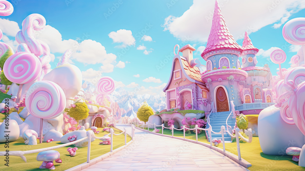 generative ai illustration of a cute pastel colored candyland with a small house