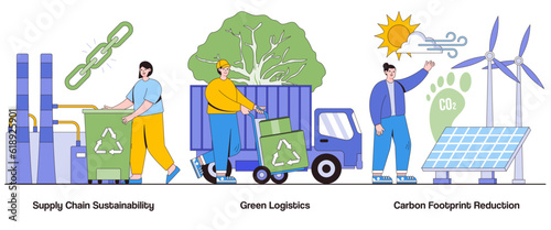 Supply Chain Sustainability, Green Logistics, Carbon Footprint Reduction Concept with Character. Sustainable Supply Chain Abstract Vector Illustration Set. Circular Economy, Eco-Friendly Practices