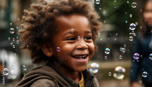 Smiling child plays with bubble wand outdoors generated by AI