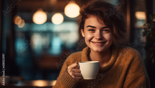 Smiling young woman enjoys coffee in cozy home generated by AI
