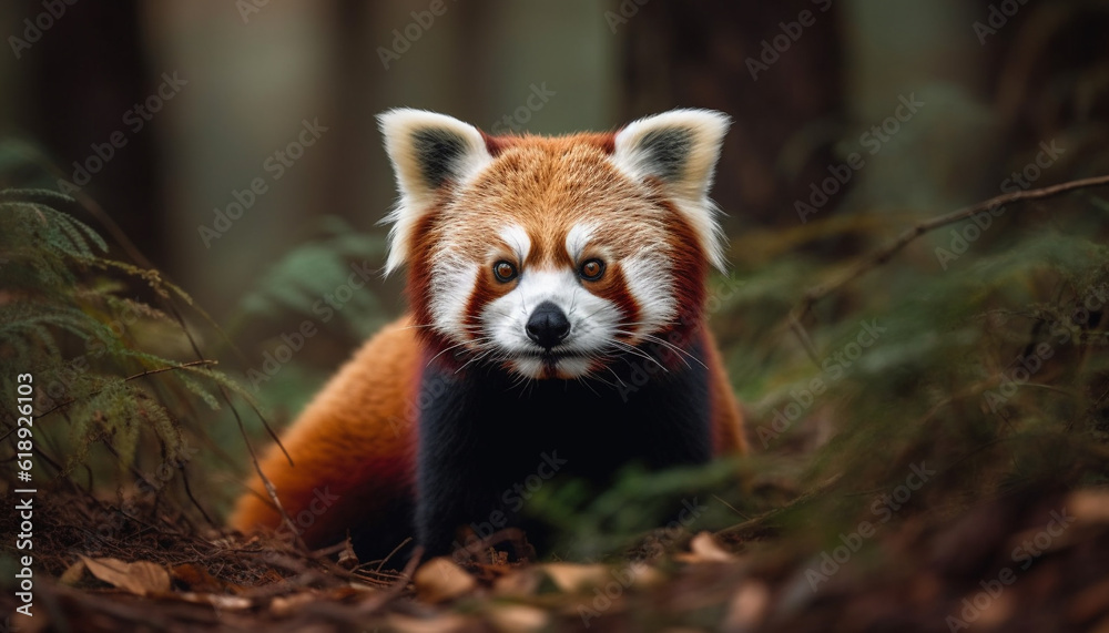 Red panda sitting on branch, staring at camera generated by AI Red panda sitting on branch, staring at camera generated by AI