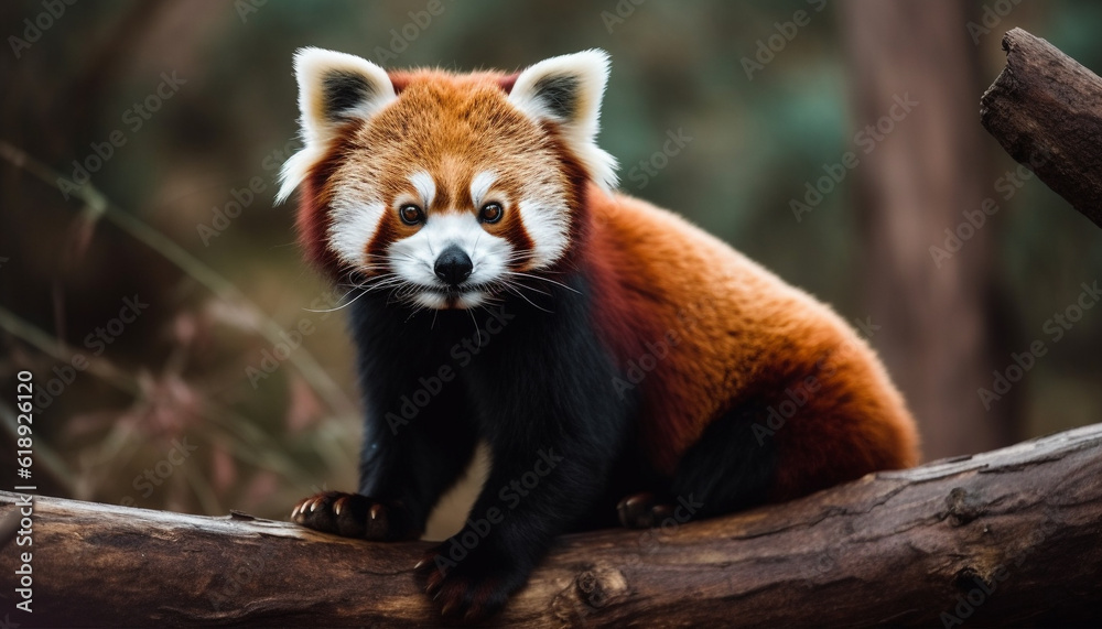 Fluffy panda sitting in tree, looking cute generated by AI Fluffy panda sitting in tree, looking cute generated by AI