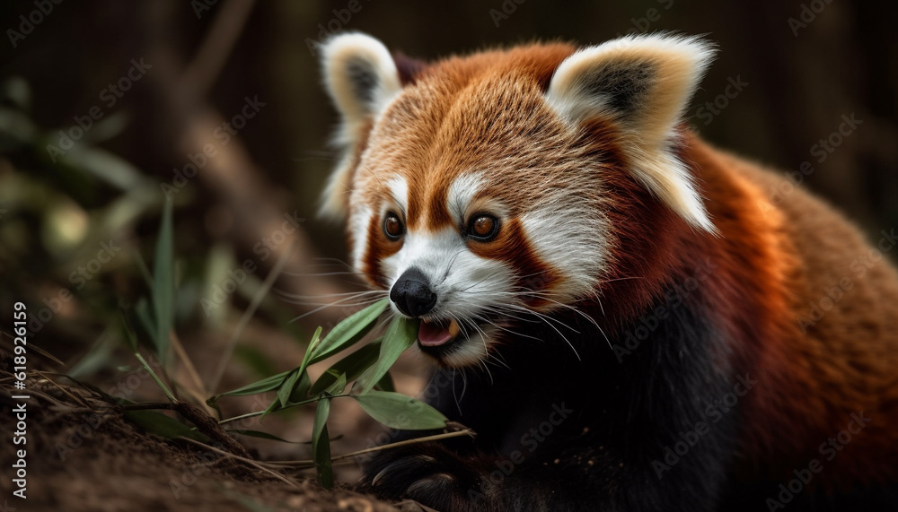 Fototapeta premium Fluffy red panda sitting on tree branch generated by AI