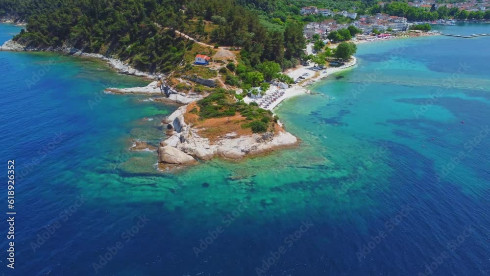 Aerial view of beach and rocks in Limenas, Thassos island, Greece Aerial view of beach and rocks in Limenas, Thassos island, Greece