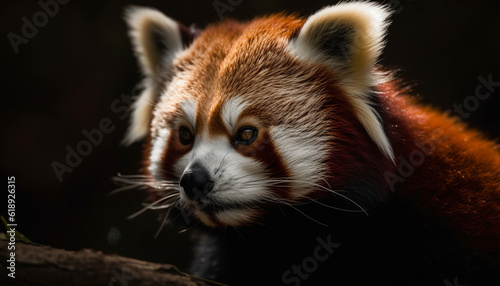 Fluffy red panda sitting outdoors, staring at camera generated by AI