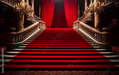 Red carpet and special entrance stairs. Special entrance, ceremony, event, celebration, party, celebration, ceremony, award, podium, VIP, celebrity, elegant, goal achievement, success concept.