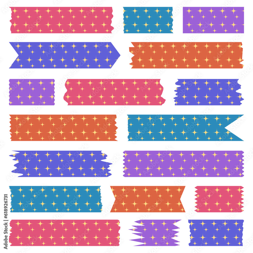 Washi tapes collection in vector. Pieces of decorative tape for scrapbooks. Set of colorful ribbons with stars Washi tapes collection in vector. Pieces of decorative tape for scrapbooks. Set of colorful ribbons with stars