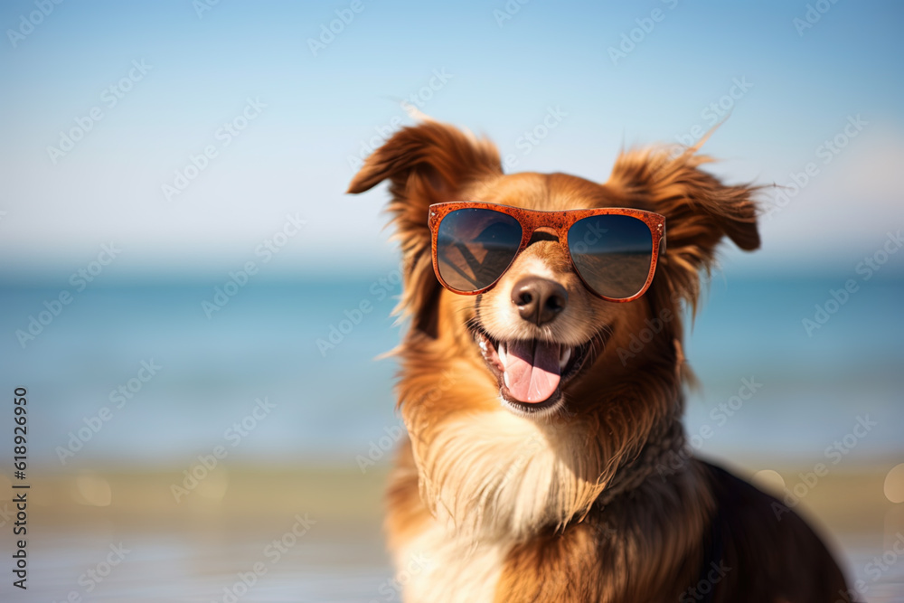 Happy laughing dog in the sunshine on the beach. Vacation concept. Generative AI.