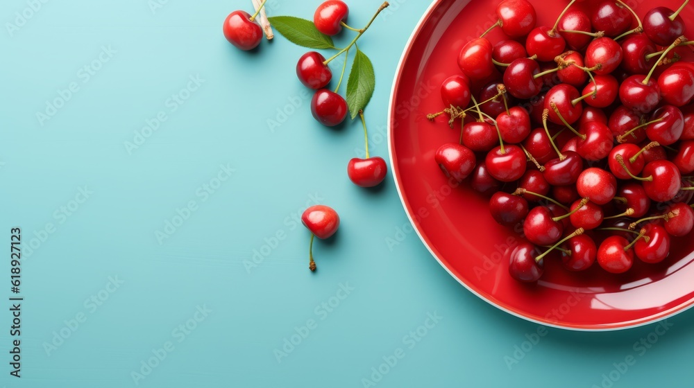 Cherries on red plate blue background. Top view. Horizontal format, for advertising, banner, poster, site, photo AI generated. Cherries on red plate blue background. Top view. Horizontal format, for advertising, banner, poster, site, photo AI generated.