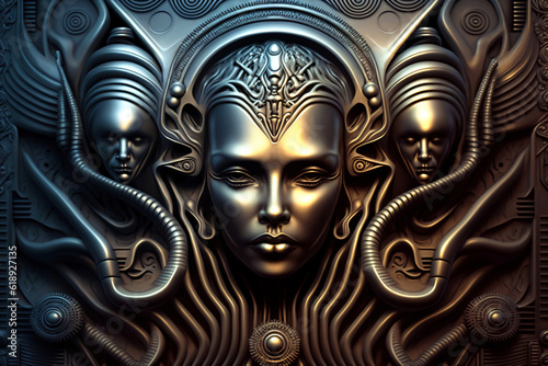 metallic fantasy portrait, mayan relief ornament, symmetrical alien wall design, generative ai