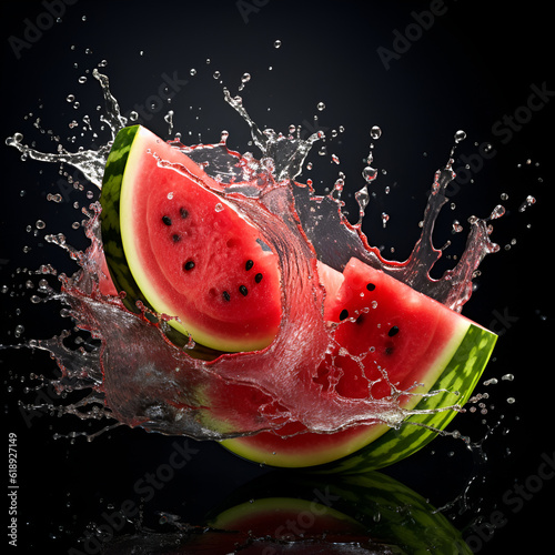 Illustration  AI generation. Chunks of red watermelon and a splash of drink on a dark background.