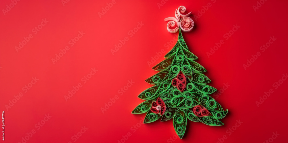 Banner with quilling christmas tree closeup on red background, top view. Merry Christmas and Happy New Year holiday concept. Generated by AI Banner with quilling christmas tree closeup on red background, top view. Merry Christmas and Happy New Year holiday concept. Generated by AI