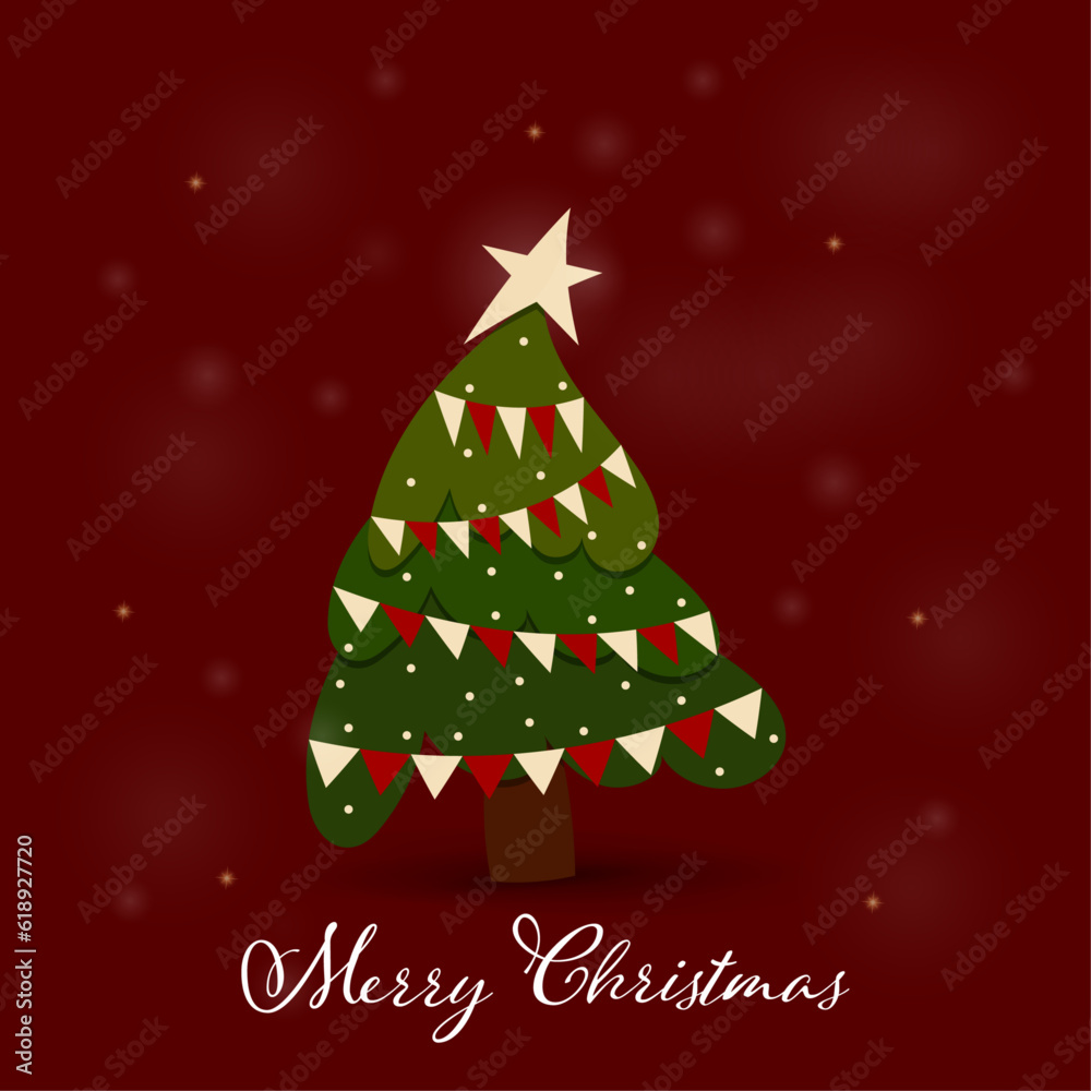 Merry Christmas. Festive christmas greeting card. Green Pine tree on red background Traditional festive symbol of the winter holiday Vector illustration Merry Christmas. Festive christmas greeting card. Green Pine tree on red background Traditional festive symbol of the winter holiday Vector illustration