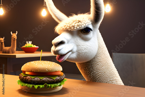 llama eating a burger, soft lighting . AI generated.  photo
