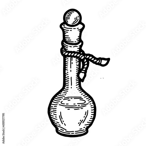 Tincture bottle. Vintage medical health glass sketch, retro medicine tattoo, black line drawing, ink drug. Vector design clipart 