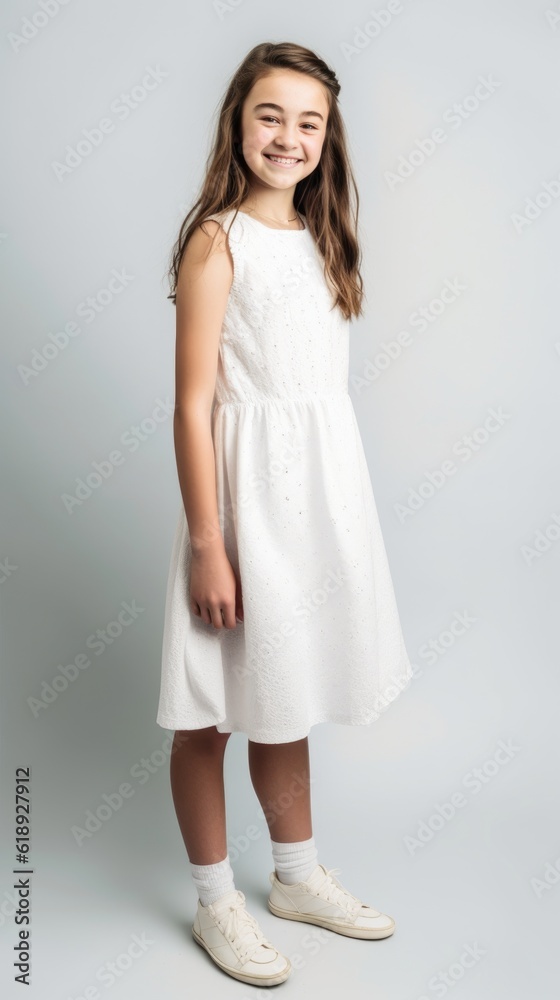 AI generated.dress mockup. Cute smiling 10 years girl in a white dress on a clean background. Teenager in dress AI generated.dress mockup. Cute smiling 10 years girl in a white dress on a clean background. Teenager in dress