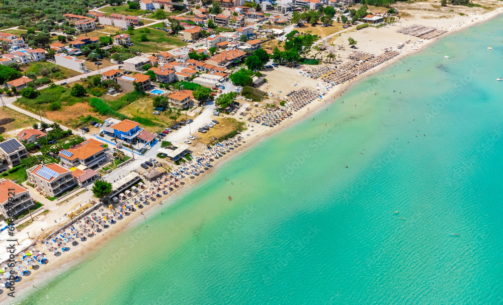 Aerial view of beautiful tropical beach. Golden Beach, Thassos, Greece