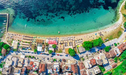Aerial view of beach in Limenas, Thassos island, Greece, Europe.