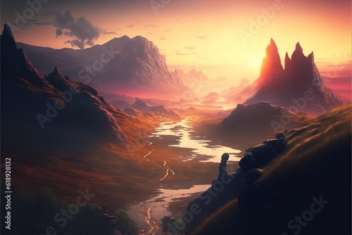 a painting of a river running through a mountainous area with mountains in the background and a sunset in the sky over the river is a mountain range of rocks and a few feet above the.