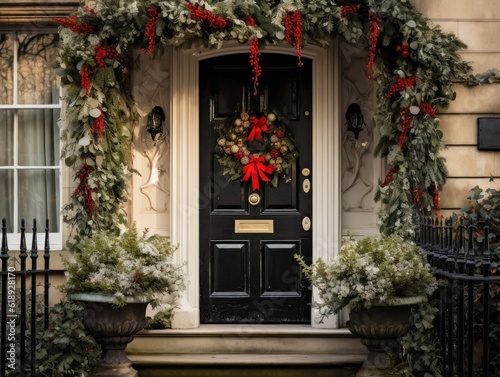 Generative AI illustration of entrance door decorated with Christmas wreath red bows and baubles in winter time