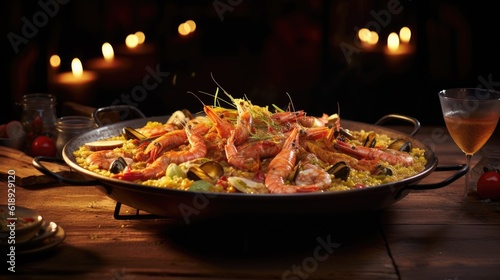 Paella cooking in the fire grilled meat with vegetables