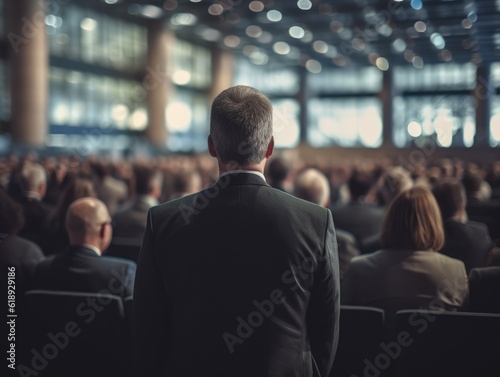 Generative AI illustration of businessman in formal suit standing in hall with colleagues sitting on seats during business conference