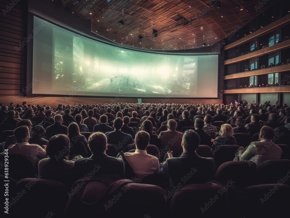 Generative AI illustration of people sitting on seats in big hall and watching video during business conference Generative AI illustration of people sitting on seats in big hall and watching video during business conference