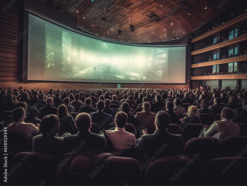 Generative AI illustration of people sitting on seats in big hall and watching video during business conference