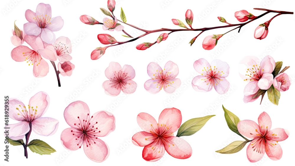 a collection of soft watercolor cherry blossoms flowers isolated on a transparent background, generative ai