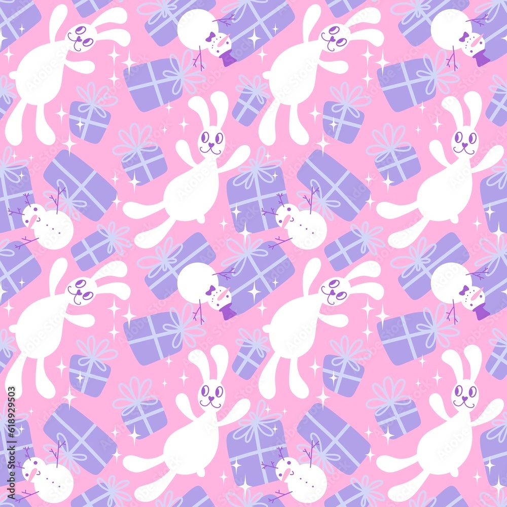 Cartoon animals rabbit seamless Christmas bunnies pattern for wrapping paper and fabrics and accessories Cartoon animals rabbit seamless Christmas bunnies pattern for wrapping paper and fabrics and accessories