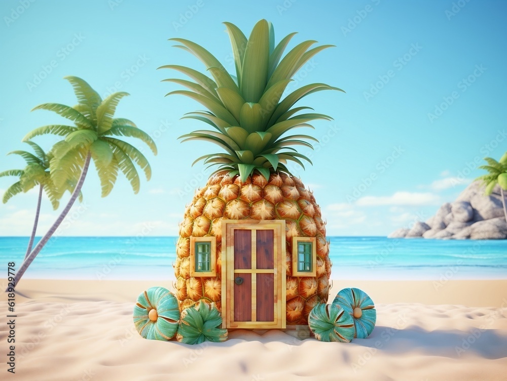 Pineapple house in the beach 3D illustration, summer vibes,AI Generative 